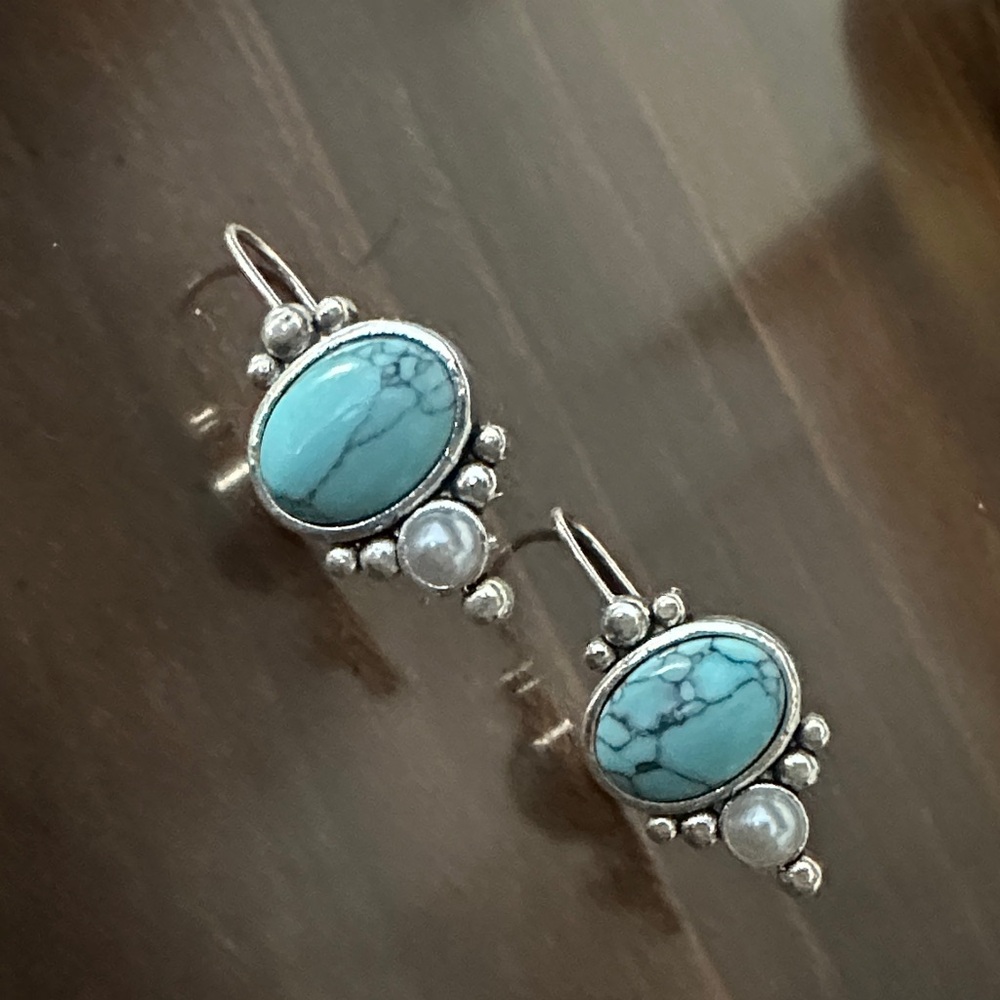 Turquoise and Silver Pearl Oval Earrings